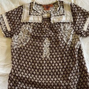 Tory Burch Embroidered Blouse size 14. Cotton brown and white pattern.